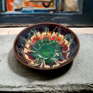 VTG Greek Art Decor Hand-Hammered Copper Dish Bowl – Vivid Multicolor Drip Glaze